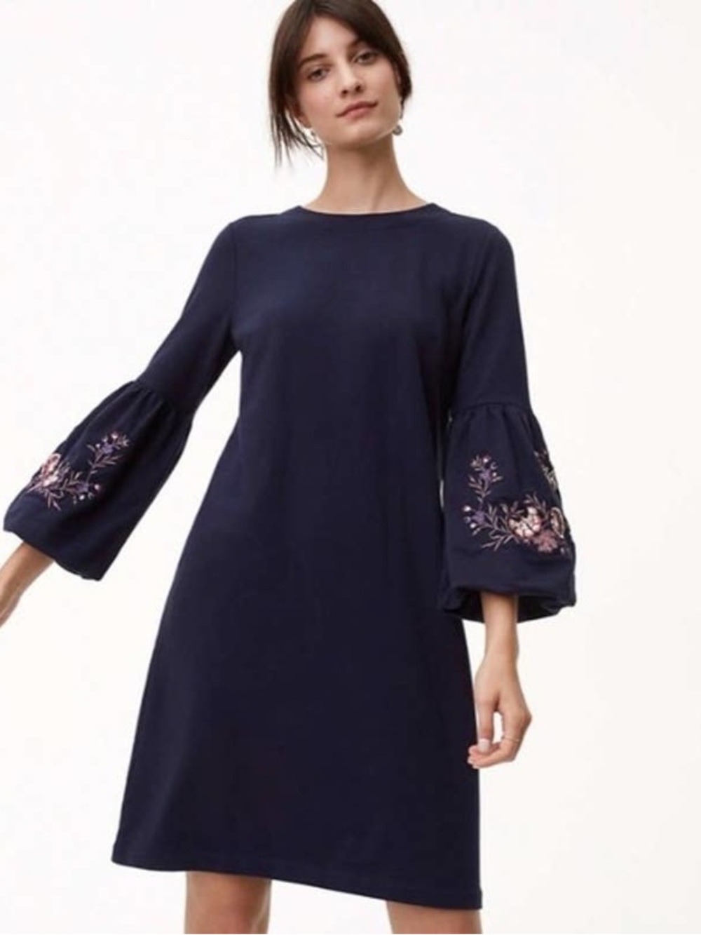 LOFT Floral Embroidered Balloon Sleeve Shift Dress navy blue medium